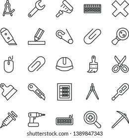 thin line vector icon set - scissors vector, clip, zoom, cross, new abacus, open pin, electronic thermometer e, cordless drill, paint roller, wooden brush, drawing, construction helmet, putty knife