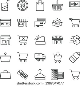 thin line vector icon set - grocery basket vector, dollar, e, city block, cart, put in, crossed, cards, kiosk, hanger, label, stall, shopping, reverse side of a bank card, cash, bag, hand, cashbox