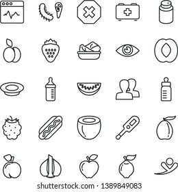 thin line vector icon set - mark of injury vector, women, feeding bottle, measuring for, powder, electronic thermometer e, bag a paramedic, eye, cardiogram, Hot Dog, lettuce in plate, milk, apple