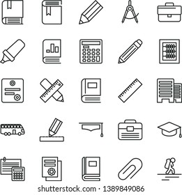 thin line vector icon set - clip vector, briefcase, graphite pencil, yardstick, book, new abacus, e, portfolio, buildings, writing accessories, drawing, calculation, square academic hat, graduate