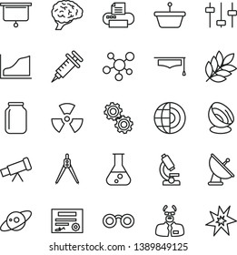 thin line vector icon set - jar vector, pan, printer, flask, microscope, telescope, molecule, glasses, nuclear, brain, gears, settings, scientist, graduate hat, drawing compass, growth graph, saturn