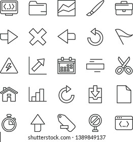 thin line vector icon set - tassel vector, house, danger of electricity, scissors, calendar, briefcase, stopwatch, prohibition, upward direction, right, left, clean sheet paper, wind indicator