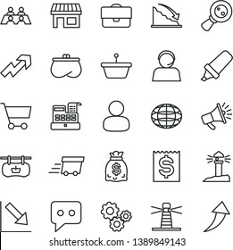 thin line vector icon set - growth up vector, negative chart, stall, cart, pan, antique advertising signboard, lighthouse, coastal, magnifying glass, portfolio, man, gears, globe, recession, purse