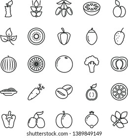 thin line vector icon set - slices of onion vector, peper, carrot, coffee beans, apple, mint, medlar, tasty mulberry, cornels, water melon, goji berry, juicy lemon, half kiwi, tamarillo, orange