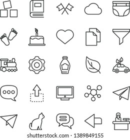 thin line vector icon set - heart symbol vector, left direction, paper airplane, clean, nappy, children's tracks, cubes for children, cogwheel, screen, cake, move up, bottle, leaf, filter, speech