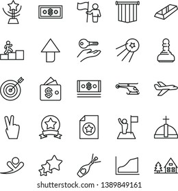 thin line vector icon set - upward direction vector, cash, growth graph, star cup, pawn, carrer stairway, man with flag, hold, target, ribbon, certificate, gold bar, pennant, arm key, dollar, wallet