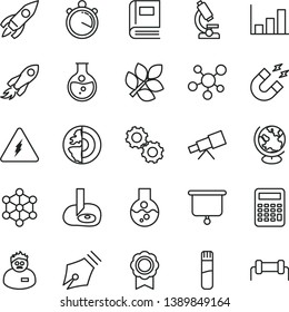 thin line vector icon set - round flask vector, rocket, space, test tube, microscope, telescope, molecule, electricity, gears, book, globe, magnet, scientist, calculator, artifical insimination