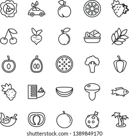 thin line vector icon set - mushroom vector, lettuce in a plate, chili, fish, cherry, peach, grape, branch of, squash, blueberry, tangerine, half loquat, juicy lemon, passion fruit, piece coconut