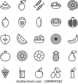 thin line vector icon set - lettuce in a plate vector, of fruit, meat on skewers, glass soda, strawberry, orange slice, pomegranate, half, large grape, quince, pear, apricot, tasty apple, cornels