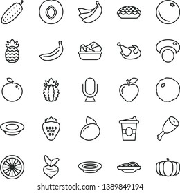 thin line vector icon set - microphone vector, slices of onion, apple pie, lettuce in a plate, milk, chicken, thigh, cabbage, cucumber, coffe to go, strawberry, orange, red, plum, yellow lemon, half