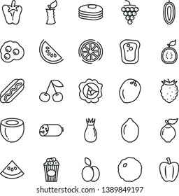 thin line vector icon set - sausage vector, Hot Dog, cabbage, peper, cup of popcorn, omelette, apple, pancakes, sandwich, cherry, large grape, squash, quince, rose hip, tasty raspberry, lime, lemon
