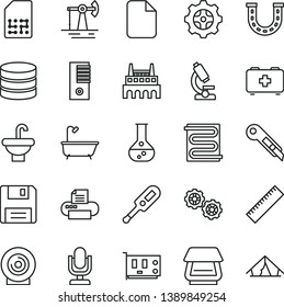 thin line vector icon set - desktop microphone vector, yardstick, electronic thermometer e, bag of a paramedic, gears, washbasin, bath, stationery knife, heating coil, lens, working oil derrick, SIM