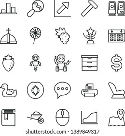 thin line vector icon set - growth chart vector, book, storage unit, beanbag, car child seat, rubber duck, garden trolley, hammer, speech, lollipop, grape, plum, raspberry, wall calendar, mouse, map