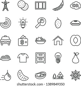 thin line vector icon set - big core vector, window frame, home, car, nightstand, T shirt, onion, pie, a plate of fruit, bacon, pear, biscuit, mulberry, half peach, slice tangerine, peas, bulb
