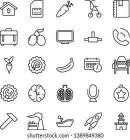 thin line vector icon set - sitting stroller vector, children's bathroom, concrete mixer, gear, star, hammer, microphone, notebook, case, phone call, carrot, half pomegranate, tasty cornels, banana