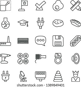 thin line vector icon set - floppy disk vector, loudspeaker, stacking rings, drill, writing accessories, math actions, expand picture, Hot Dog, noodles, piece of meat, japanese sushi, fried egg