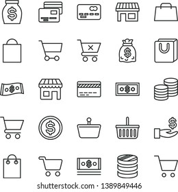 thin line vector icon set - paper bag vector, grocery basket, bank card, cart, crossed, with handles, cards, coins, kiosk, stall, shopping, front of the, column, dollar, get a wage, money, dollars