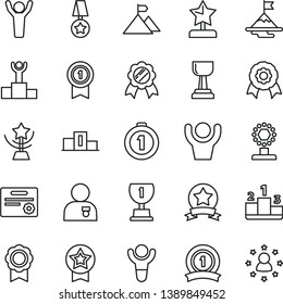 thin line vector icon set - pedestal vector, medal, winner, podium, award, cup, gold, star, reward, man hands up, with, motivation, mountain flag, first place, pennant, ribbon, certificate