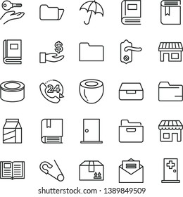 thin line vector icon set - folder vector, book, open pin, e, door knob, ntrance, received letter, umbrella, drawer, cardboard box, 24, package, canned goods, half of coconut, kiosk, stall