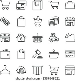 thin line vector icon set - paper bag vector, grocery basket, bank card, hammer of a judge, motor vehicle present, cart, put in, crossed, with handles, cards, coins, hanger, kiosk, stall, shopping