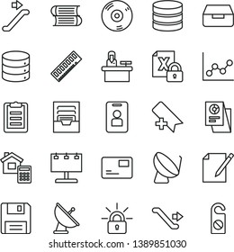 thin line vector icon set - add bookmark vector, graph, archive, books, estimate, big data, pass card, drawer, notes, satellite dish, billboard with illumination, statistical research, encrypting