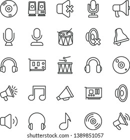 thin line vector icon set - bell vector, desktop microphone, horn, loudspeaker, silent mode, drumroll, drum, headphones, CD, volume, no sound, megaphone, pc card, speaker, note