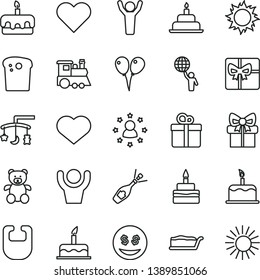 thin line vector icon set - heart symbol vector, toys over the cradle, bib, teddy bear, children's train, colored air balloons, cake, birthday, gift, Easter, slice, torte, giftbox, man hold world