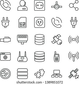 thin line vector icon set - Puzzle vector, power socket type b, f, big data, phone call, plug, electric, SIM, connection, scheme, dispatcher, mobile, router, network, browser, connect, lan connector