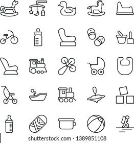 thin line vector icon set - toys over the cradle vector, feeding bottle, measuring for, bib, baby rattle, chair, car child seat, stroller, summer, rubber duck, bath ball, children's bathroom, potty