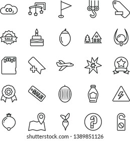 thin line vector icon set - danger of electricity vector, add bookmark, remove label, pennant, question, toys over the cot, winch hook, birthday cake, bottle, medlar, melon, tamarillo, physalis, CO2