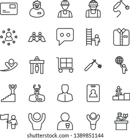 thin line vector icon set - cargo trolley vector, builder, pass card, folded shirt, welding, gas, woman, think, conversation, scientist, winner, carrer stairway, man hold world, with medal, flag