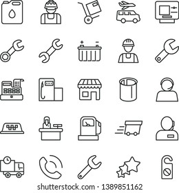 thin line vector icon set - repair key vector, builder, delivery, phone call, shipment, gas station, modern, battery, canister of oil, pipes, kiosk, dispatcher, operator, urgent cargo, cash machine