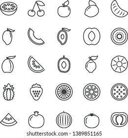 thin line vector icon set - strawberry vector, cherry, pomegranate, quince, apricot, water melon, slice of, mango, half, loquat, delicious plum, peach, tangerine, yellow lemon, juicy, kiwi, orange