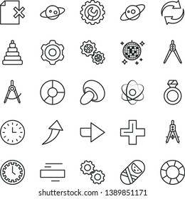 thin line vector icon set - clock face vector, right direction, renewal, plus, minus, stacking toy, tumbler, cogwheel, gear, delete page, porcini, gears, scribed compasses, Measuring, ring diagram