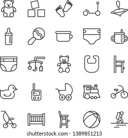 thin line vector icon set - baby cot vector, toys over the cradle, mug for feeding, measuring bottle, diaper, nappy, bib, beanbag, stroller, summer, duckling, bath ball, toy phone, children's potty