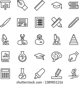 thin line vector icon set - tassel vector, graphite pencil, yardstick, calculator, new abacus, stacking toy, books, writing accessories, drawing, square academic hat, round flask, text highlighter
