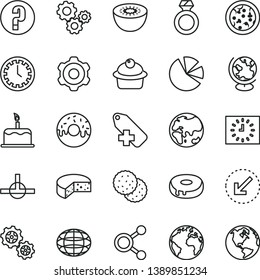 thin line vector icon set - sign of the planet vector, clock face, add label, question, cogwheel, left bottom arrow, cake, cheese, pizza, muffin, with a hole, glazed, biscuit, kiwi, gears, globe