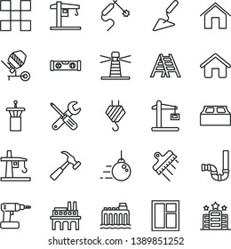 thin line vector icon set - crane vector, house, hook, big core, building trowel, concrete mixer, window, small tools, cordless drill, ladder, siphon, level, tile, block, spatula, hammer with claw