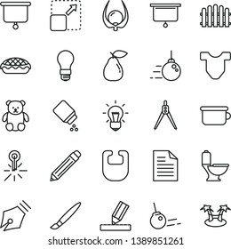 thin line vector icon set - tassel vector, graphite pencil, scribbled paper, baby powder, bib, Child T shirt, children's potty, small teddy bear, big core, toilet, drawing, hedge, expand picture