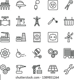 thin line vector icon set - tower crane vector, concrete mixer, adjustable wrench, cordless drill, power socket type b, f, buildings, helmet, plummet, core, solar panel, wind energy, valve, oil