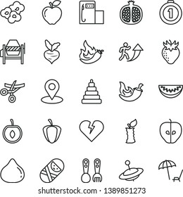 thin line vector icon set - stacking toy vector, tumbler, plastic fork spoons, yule, concrete mixer, broken heart, chili, popcorn, half pomegranate, red apple, tasty, strawberry, fig, cherry, stub