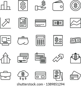 thin line vector icon set - bank card vector, growth up, calculator, bar chart, line, calculation, suitcase, cards, reverse side of a, statistical report, article on the dollar, financial item, coin