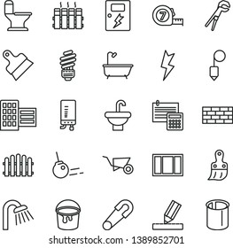 thin line vector icon set - safety pin vector, brickwork, building trolley, window frame, adjustable wrench, long meashuring tape, paint bucket, plastic brush, washbasin, comfortable toilet, bath