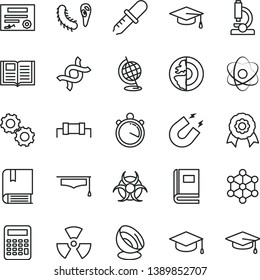thin line vector icon set - vector e, book, square academic hat, microscope, atom, nuclear, dna, gears, bactery, biohazard, pipette, globe, magnet, graduate, calculator, earth core, medal, stopwatch