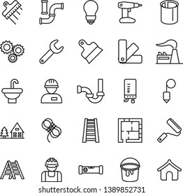 thin line vector icon set - workman vector, drill, paint bucket, new roller, color samples, stepladder, ladder, washbasin, sewerage, laying out, bulb, construction level, plummet, hawser, spatula