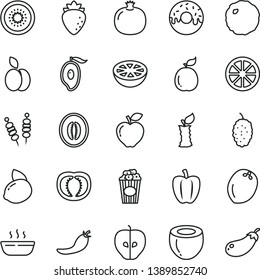 thin line vector icon set - fried vegetables on sticks vector, glazed cake with a hole, hot porridge, cabbage, cup of popcorn, apple, pomegranate, red, tasty, raspberry, mulberry, half mango, melon
