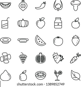 thin line vector icon set - vector e, mini hot dog, mushroom, a plate of milk, cocktail, jar jam, orange slice, half pomegranate, branch grape, large, apricot, red apple, raspberry, fig, medlar