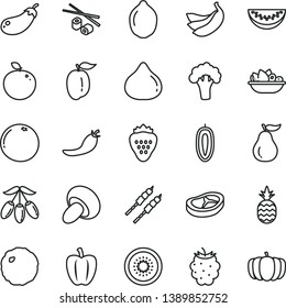 thin line vector icon set - porcini vector, a plate of fruit, bacon, barbecue, cabbage, Chinese chopsticks, strawberry, pineapple, fig, blackberry, goji berry, water melon slice, ripe plum, bananas