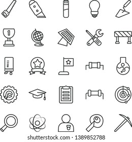thin line vector icon set - trowel vector, small tools, arm saw, bulb, star gear, knife, electronic boiler, traffic signal, flask, test tube, atom, zoom, globe, graduate hat, clipboard, radar, award