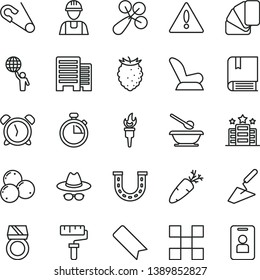 thin line vector icon set - paint roller vector, warning, stopwatch, alarm clock, bookmark, hat with glasses, baby rattle, car child seat, open pin, plates and spoons, e, builder, trowel, buildings